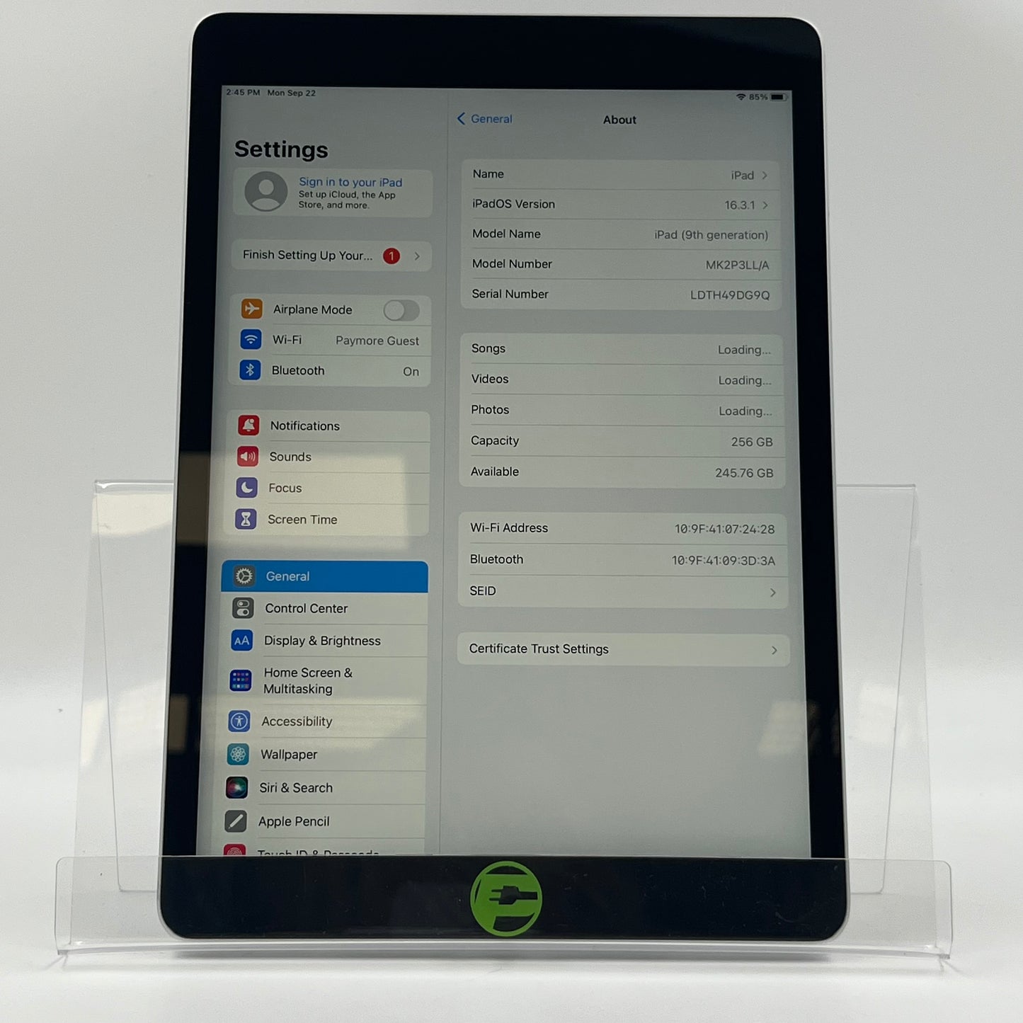 WiFi Only Apple iPad 9th Gen 256GB Silver MK2P3LL/A
