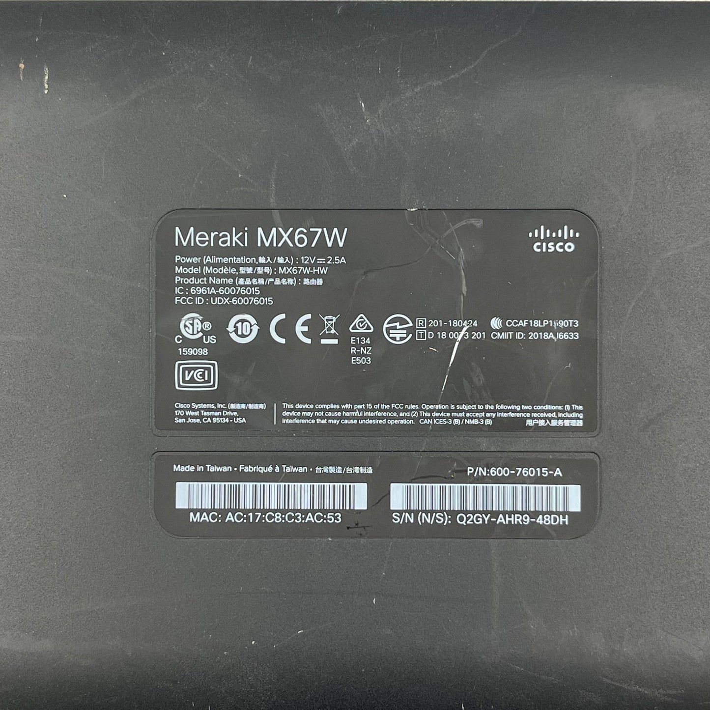Cisco Meraki Network Security/Firewall Appliance MX67W Unclaimed No PSU