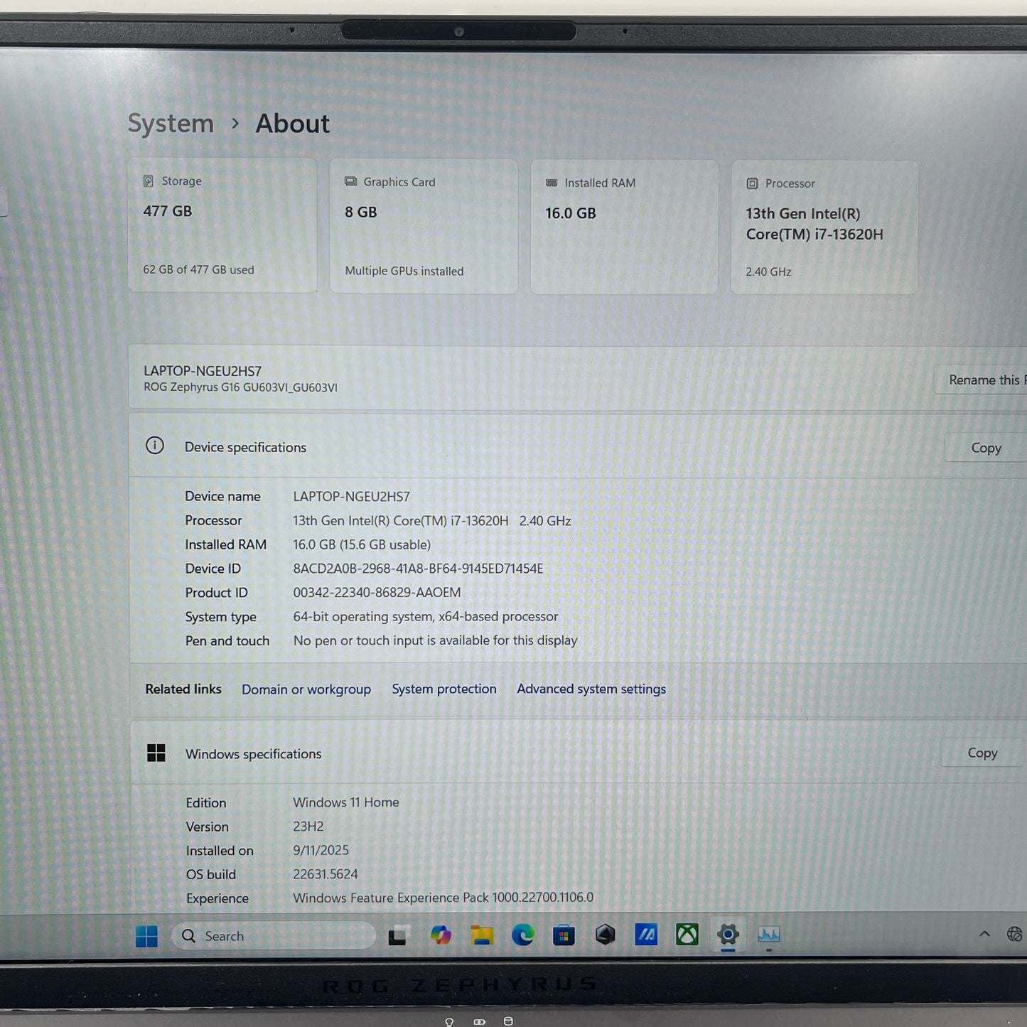 Asus ROG Zephyrus G16 GU603VI 16" i7-13620H 2.4GHz 16GB RAM 512GB SSD RTX 4070