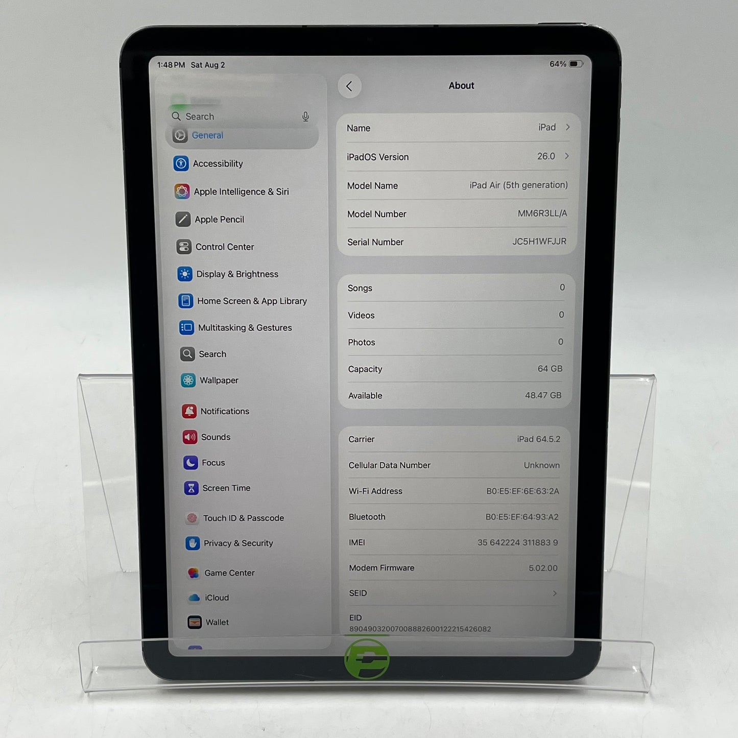 WiFi Only Apple iPad Air 5th Gen 64GB Space Gray MM6R3LL/A