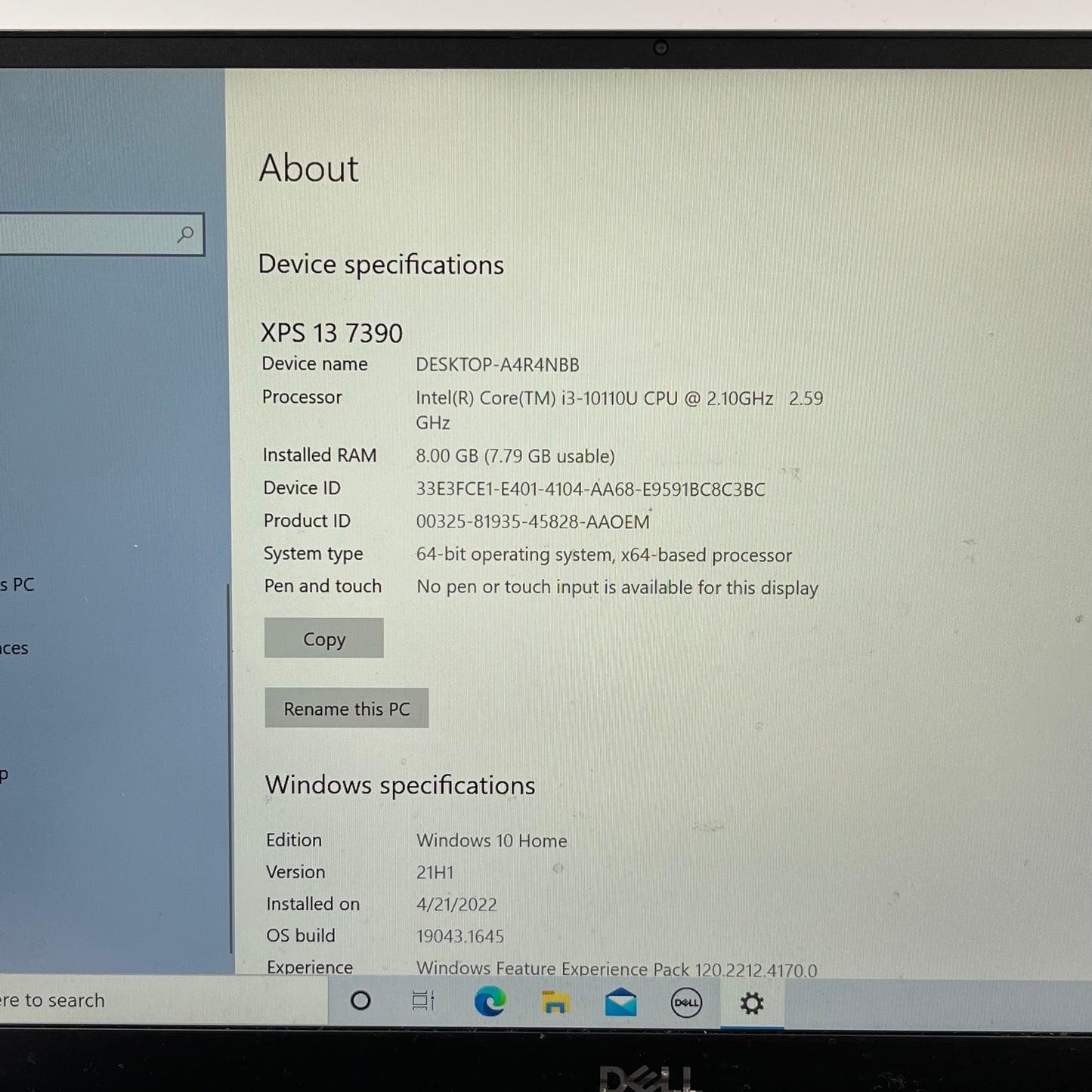 Dell XPS 13 7390 R410MA 13.3" i3-10110U 2.1GHz 8GB RAM 256GB SSD