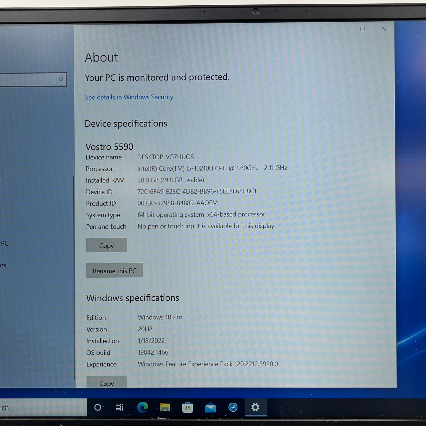 Dell Vostro P88F 15.6" i5-10210U 1.6GHz 20GB RAM 256GB SSD GeForce MX250