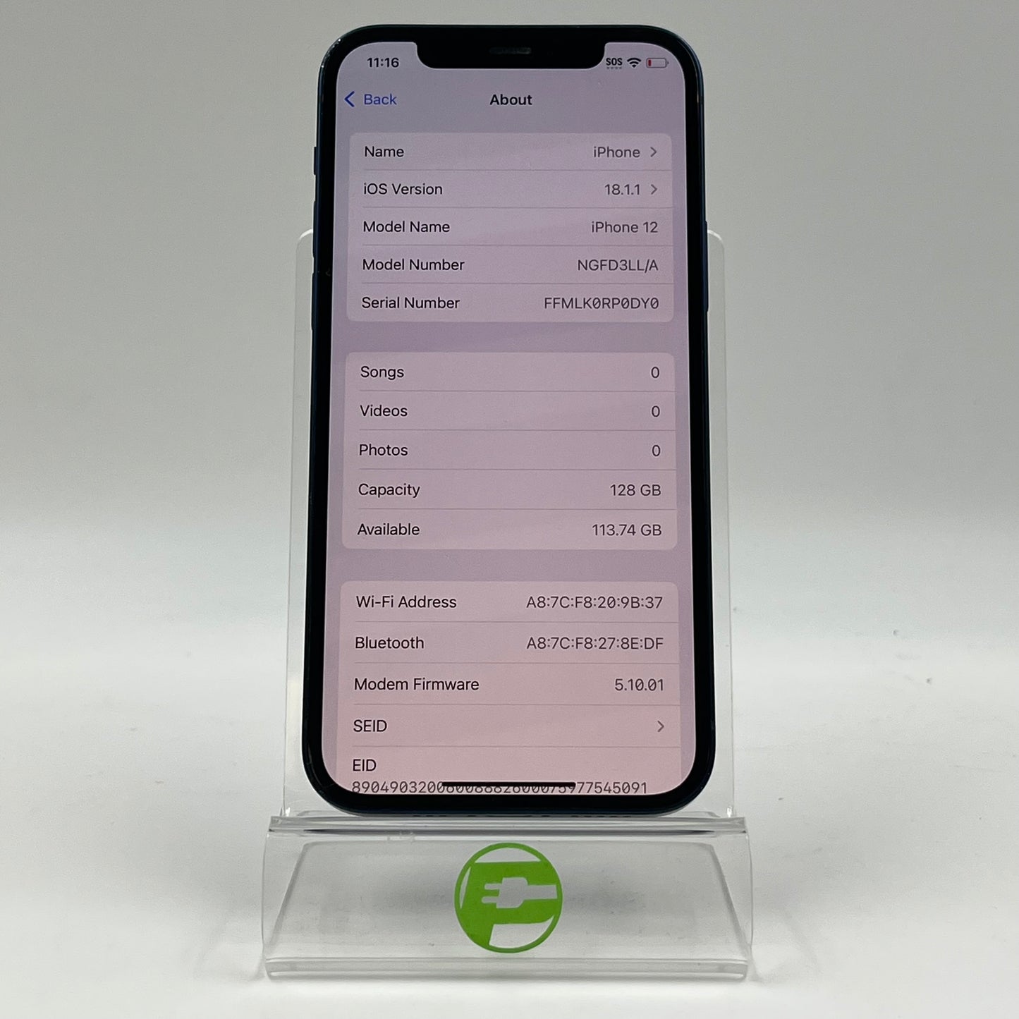 Unlocked Apple iPhone 12 128GB 18.1.1 Blue NGFD3LL/A