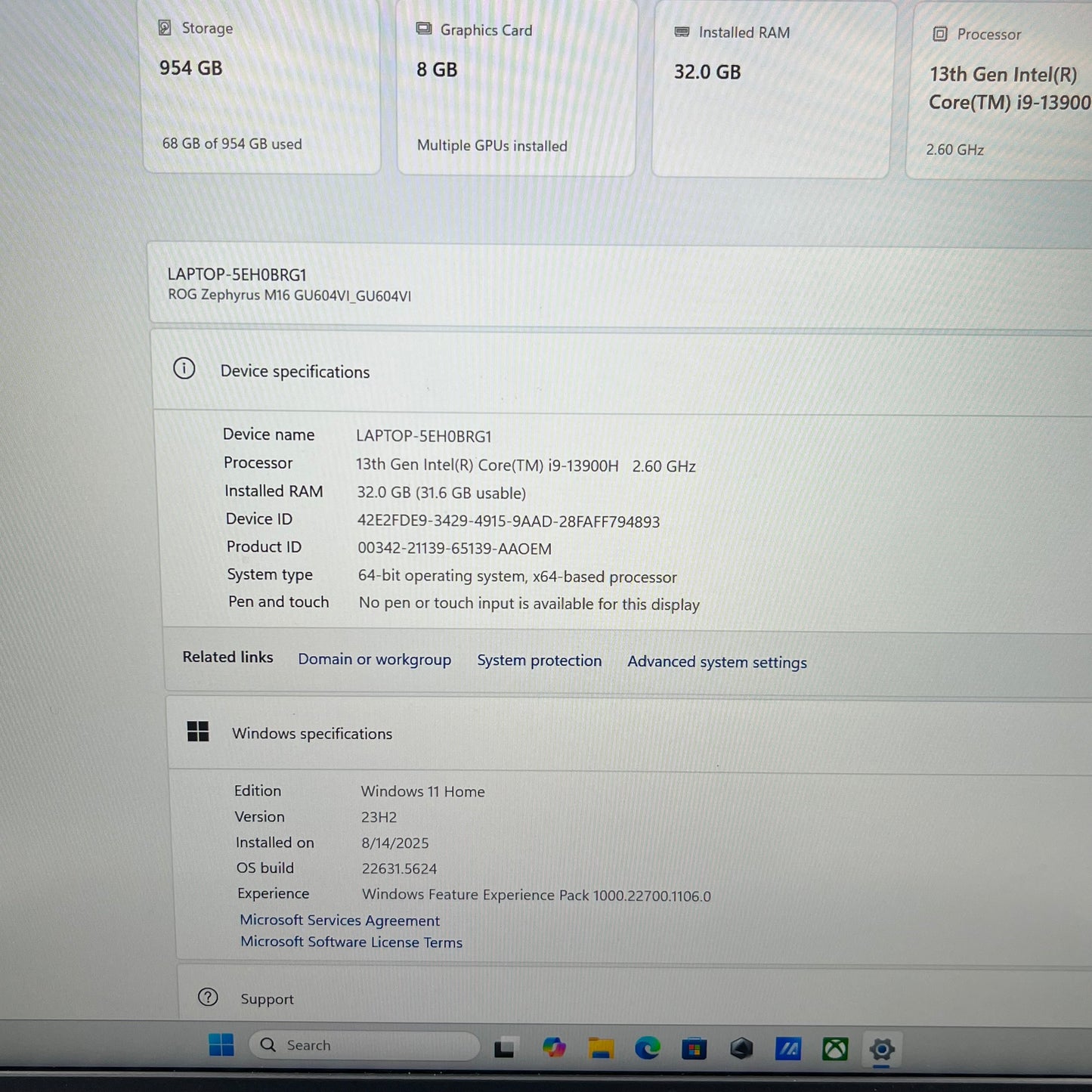Asus ROG Zephyrus M16 GU604 i9-13900H 2.6GHz 32GB RAM 1TB SSD GeForce RTX 4070