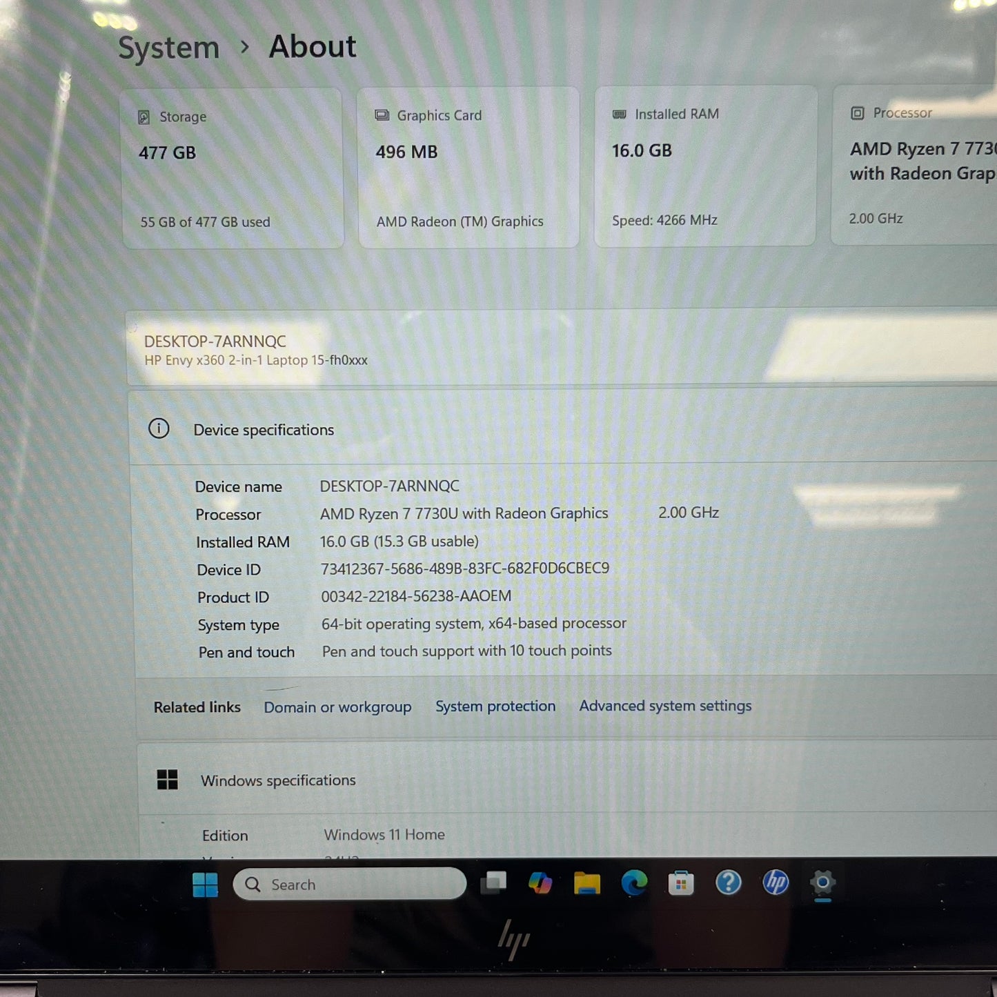 HP Envy x360 15-fh0013dx 15.6" Ryzen 7 7730U 2.0GHz 16GB RAM 512GB SSD