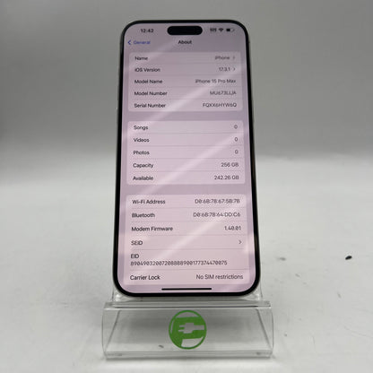 Factory Unlocked Apple iPhone 15 Pro Max 256GB White Titanium MU673LL/A