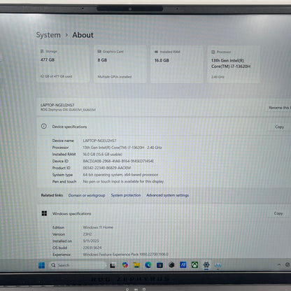 Asus ROG Zephyrus G16 GU603VI 16" i7-13620H 2.4GHz 16GB RAM 512GB SSD RTX 4070