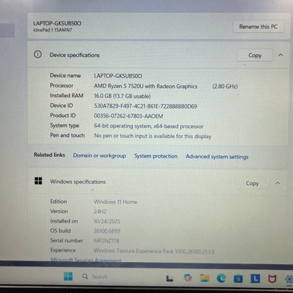 Lenovo IdeaPad 1 15.6" Ryzen 5 7520U 2.8GHz 16GB RAM 256GB SSD