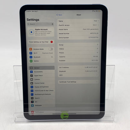 WiFi Only Apple iPad 10th Gen 64GB Blue MPQ13LL/A