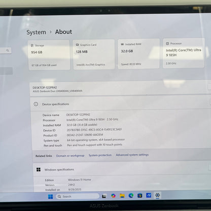 Asus Zenbook Duo 14 UX8406M 14" Core Ultra 9 185H 2.5GHz 32GB RAM 1TB SSD