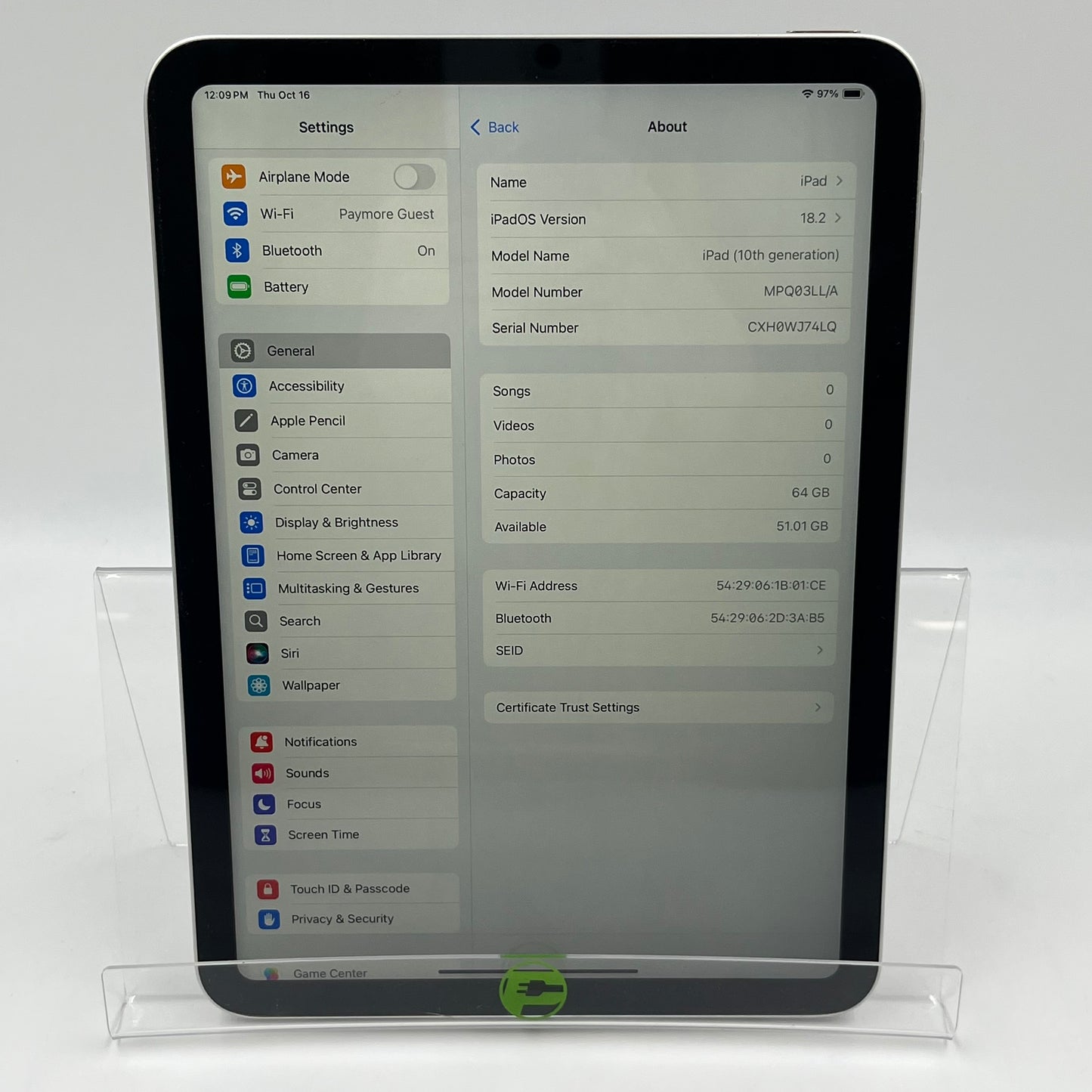 WiFi Only Apple iPad 10th Gen 64GB Silver MPQ03LL/A
