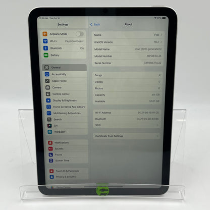 WiFi Only Apple iPad 10th Gen 64GB Silver MPQ03LL/A