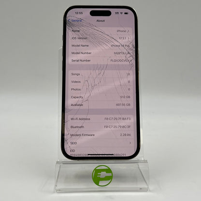 Broken Unlocked Apple iPhone 14 Pro 512GB 17.3.1 MQ213LL/A Cracked