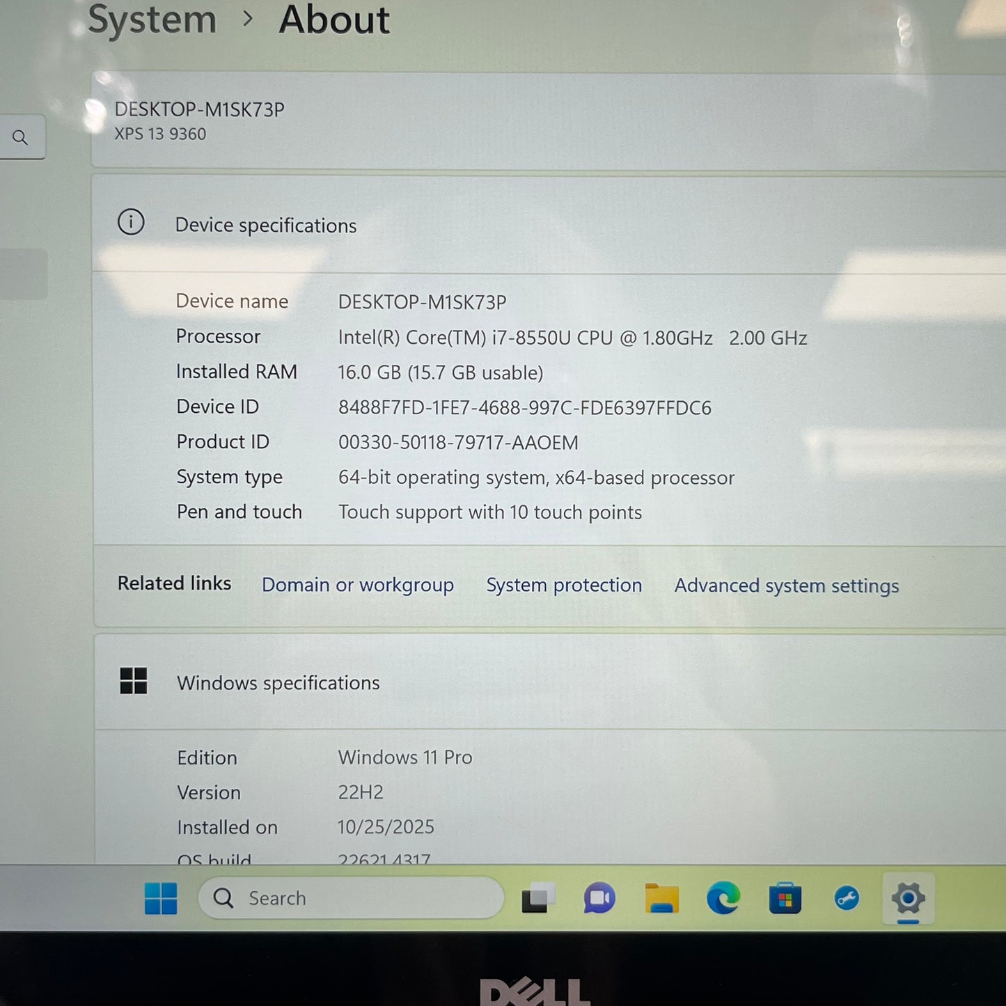 Dell XPS 9360 13.3" i7-8550U 2.0GHz 16GB RAM 256GB SSD