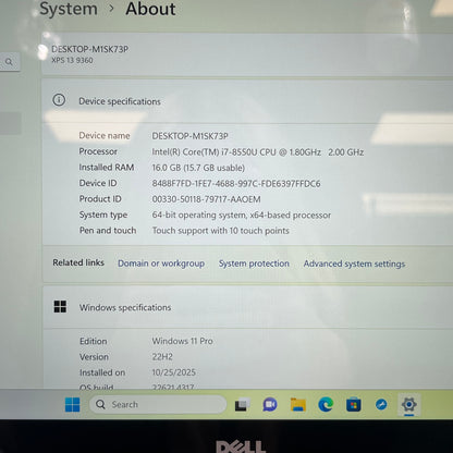 Dell XPS 9360 13.3" i7-8550U 2.0GHz 16GB RAM 256GB SSD
