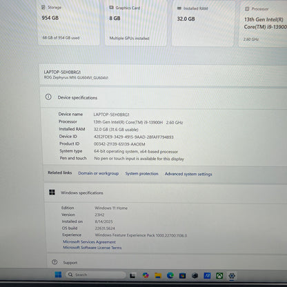Asus ROG Zephyrus M16 GU604 i9-13900H 2.6GHz 32GB RAM 1TB SSD GeForce RTX 4070