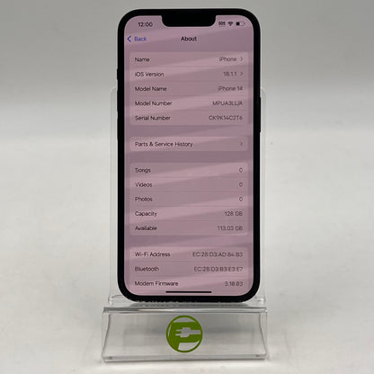 Factory Unlocked Apple iPhone 14 eSIM 128GB Midnight MPUA3LL/A